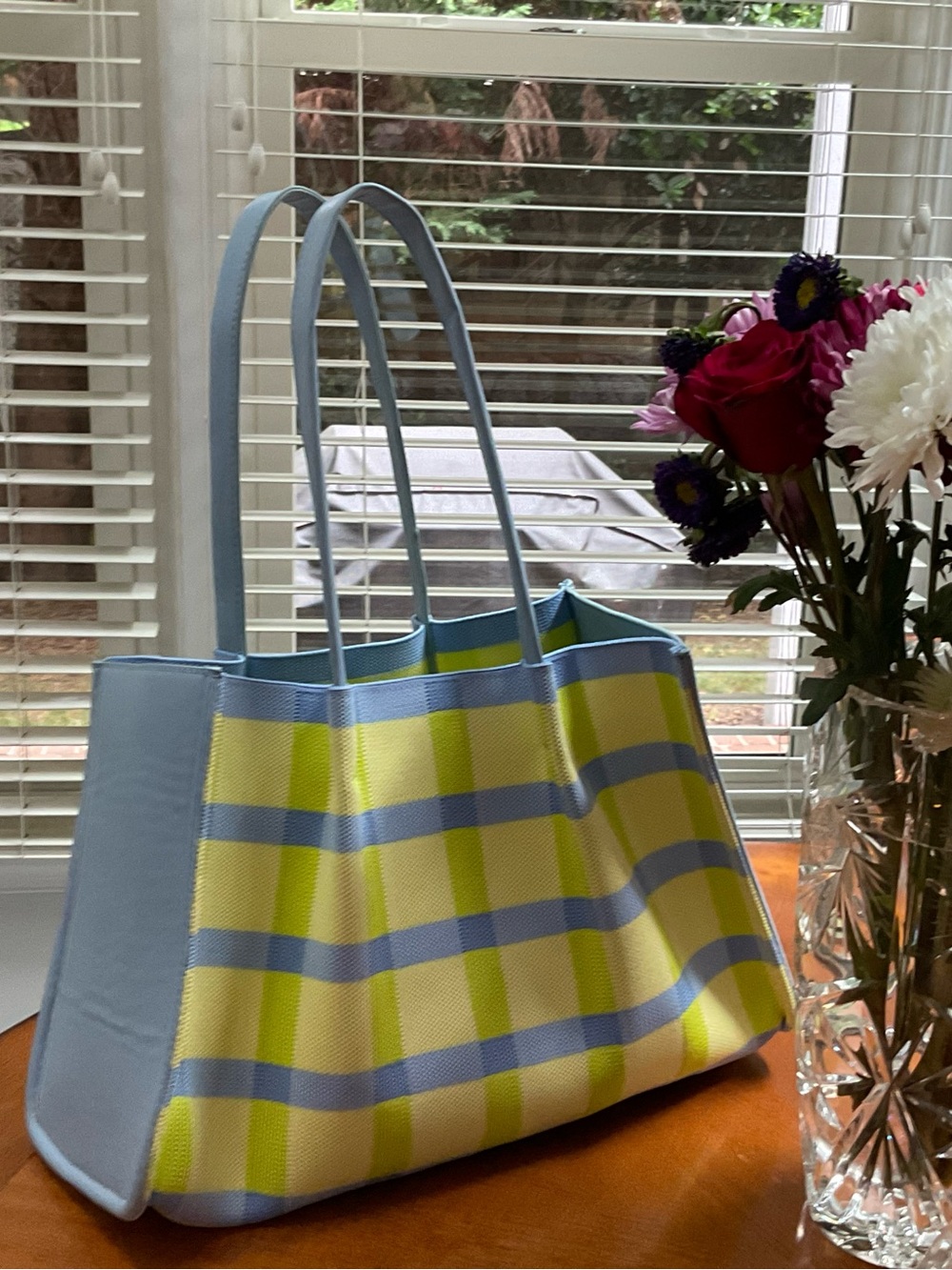 NEIMAN MARCUS blue and yellow plaid tote bag NWT